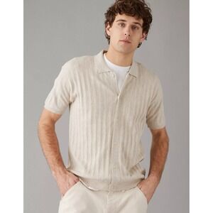 AE Weekend Button-Up Sweater Polo Shirt Ribbed Knit XXL Sand Coastal Casual